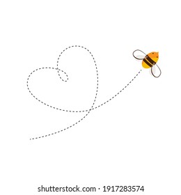 Flying bee and the heart shape flight trajectory. Vector cartoon illustration.