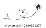 Flying bee with heart trail vector illustration. Black outline insect clipart for love, spring, kids, and Valentine