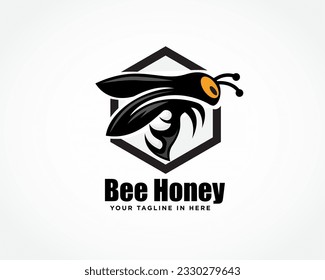 flying bee at hexagonal frame logo design template illustration inspiration