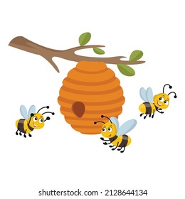 ilustración vectorial de la colmena de abejas voladora en el árbol 