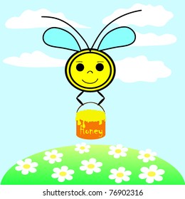 Flying bee holding a pot with honey. Vector illustration. EPS8