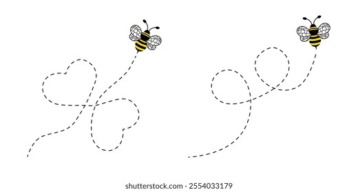 Flying bee. honey bee flying down a trail of dotted hearts, Cartoon Bee Flying on a Dotted Route
