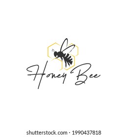 Flying Bee with honeycomb. Honeybee Logo.