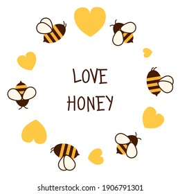 Abeja voladora con peine de miel aislada. Personaje de dibujos animados. El carácter de la adorable abeja que vuela con anillo floral en un estilo vectorial plano. Ilustración vectorial. 
