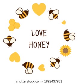 Flying Bee with honeycomb isolated. Cute cartoon character. The character of cute bee flying with flower ring in flat vector style. Vector illustration. 