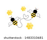 Flying Bee with honeycomb isolated on white background vector illustration. Cute cartoon character.