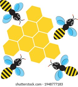 Flying Bee with honeycomb isolated on white background vector illustration.