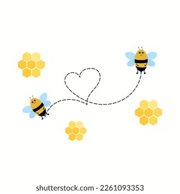 Flying Bee with honeycomb isolated on white background vector illustration