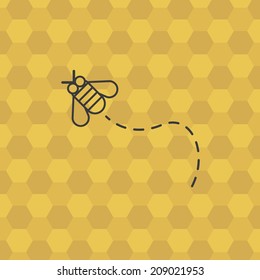 Flying bee, with honeycomb on background. Stylized design background, for poster, flyer, cover, brochure. Easy to edit. Vector illustration - EPS10.