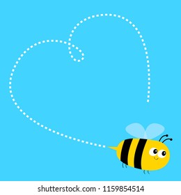 Flying bee icon. Dash line heart. Happy Valentines Day. Big eyes. Cute cartoon funny baby caharacter. Flat design. Blue sky background. Isolated. Vector illustration