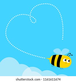 Flying bee icon. Dash line heart. Big eyes. Happy Valentines Day. Cute cartoon funny baby caharacter. Flat design. Blue sky background. White cloud. Vector illustration