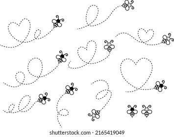 Flying Bee illustration, Bee Path Bundle illustration, Heart Honey Bee in Flight vector, Heart, Dotted Lines 