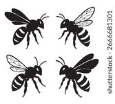 Flying Bee Insect Silhouette Vector Illustration Collection on White Background