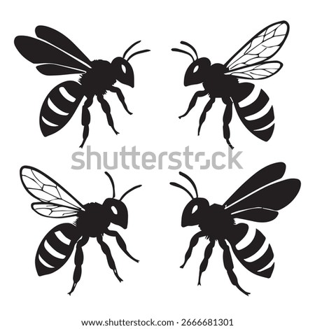 Flying Bee Insect Silhouette Vector Illustration Collection on White Background