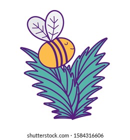 flying bee leaves foliage decoration nature vector illustration