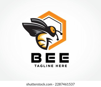 flying bee on beehive hexagonal cells create honey art logo design template illustration inspiration