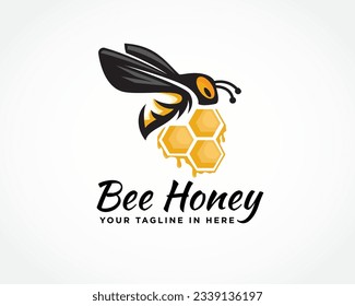 flying bee on beehive hexagonal cells create honey art logo design template illustration inspiration