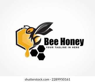 flying bee on hexagonal cells create fresh honey art logo design template illustration inspiration