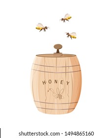 Flying bee over a barrel of honey. Organic and natural product. Organic food design concept. Vector illustration in flat  cartoon style on white background. 