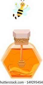 Flying bee over a jar of honey.Organic and natural product. Organic food design concept.
Vector illustration in flat  cartoon style on white background. 
