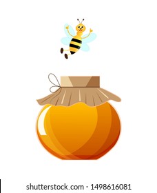 Flying bee over a jar of honey.Organic and natural product. Organic food design concept.
Vector illustration in flat  cartoon style on white background. 
