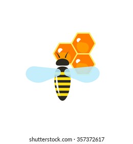 Flying bee pollinating wax honeycombs vector illustration in cartoon flat style, apiary honey production concept, icon label, sticker, logo idea, modern design symbol isolated on white