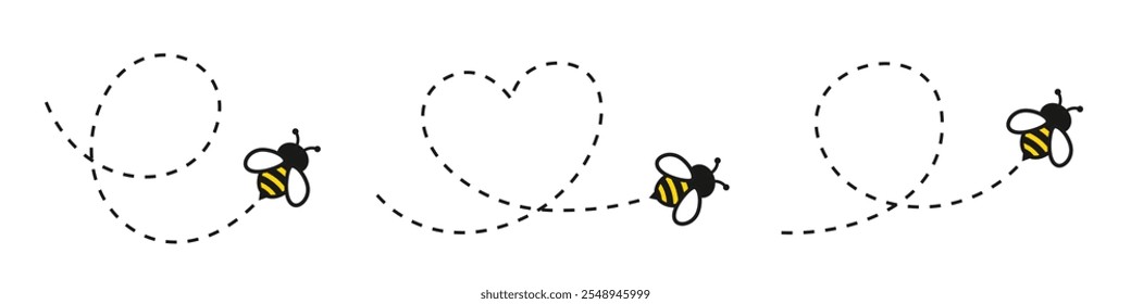 Flying bee route set. Bee flying path on dotted route group. Honey, insect, animal, natural - stock vector.