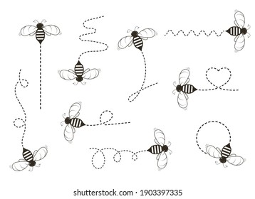 Flying bee silhouette with the path of flight. Cute icon of a bumblebee. Flat vector illustration.