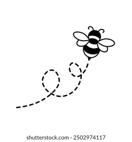 Flying bee with swirl dotted line trail icon. Clipart image isolated on white background