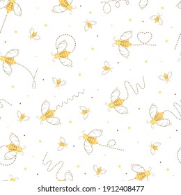 Flying bee yellow silhouette with the path of flight. Seamless pattern. White gackground disign. Simple bee trail line art. Cute icon of a bumblebee. Flat vector illustration.
