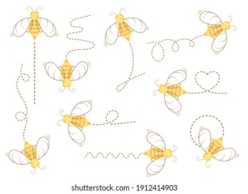 Flying bee yellow silhouette with the path of flight. Simple bee trail line art. Cute icon of a bumblebee. Flat vector illustration.