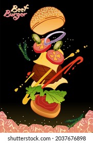 Ilustración de la hamburguesa de carne voladora en la parrilla de carne