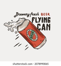 Flying beer can with foam for print. Original brew design with tin of beer with froth for bar