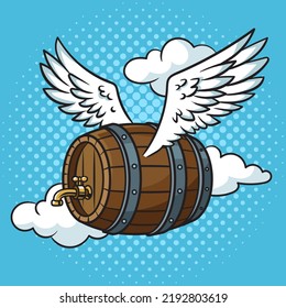 flying beer wooden barrel with wings pop art retro vector illustration. Comic book style imitation.