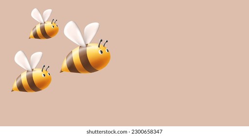 Abejas voladoras, ilustración estilizada en 3d del insecto con forma de redondeo amarillo de cuerpos y alas y ojos, diseño de caracteres