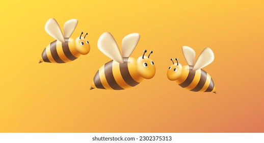 Flying bees, 3d render stylized illustration of insect with yellow striped bodies and wings and face with eyes and antennae, character design