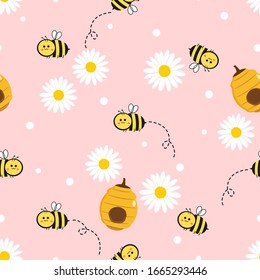 flying bees, beehive and daisy flower on pink background vector illustration. Cute cartoon baby print seamless pattern.