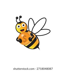 Fliegende Bienen bringen Dollar-Zeichen-Logo-Symbol. Cartoon Biene und Geld Geschäftskonzept im flachen Stil.