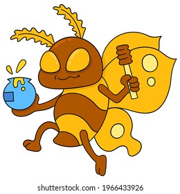 flying bees carrying jars of honey, vector illustration art. doodle icon image kawaii.