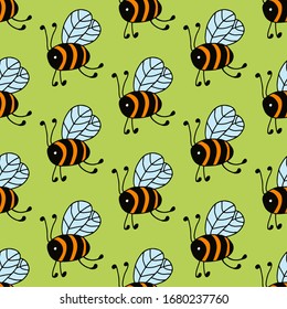 Flying bees in cartoon style on green background. Vector seamless pattern. Design for gift wrap, cover, fabric, cards, wallpapers, backdrops, panels. 