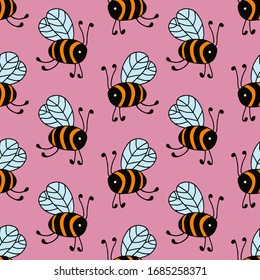 Flying bees in cartoon style on pink background. Vector seamless pattern. Design for gift wrap, cover, fabric, cards, wallpapers, backdrops, panels. 