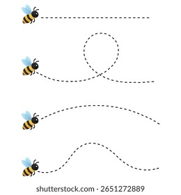 Flying bees with dotted flight path vector set