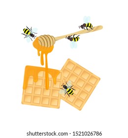 flying bees drop honey on belgian waffle. vector illustration.
