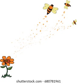 flying bees with flower in the ground yellow orange black color hand drawing