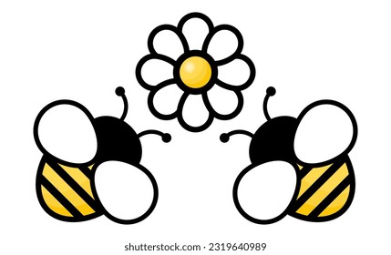 Flying bees with flower. Vector illustration isolated on white.