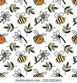 Flying bees and flowers cute seamless pattern on a white background. Spring, summer vector illustration.  Cartoon character.