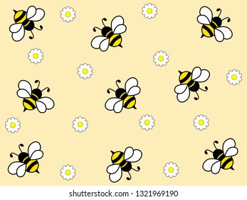 Flying bees with flowers on a light yellow background