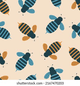 Flying bees hand drawn vector illustration. Colorful wasps in flat style seamless pattern for kids fabric or wallpaper.