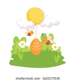flying bees honeycomb hive sun flowers grass farm design vector illustration