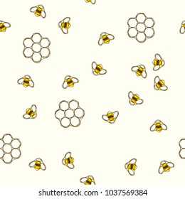 Flying Bees and honeycombs seamless pattern.